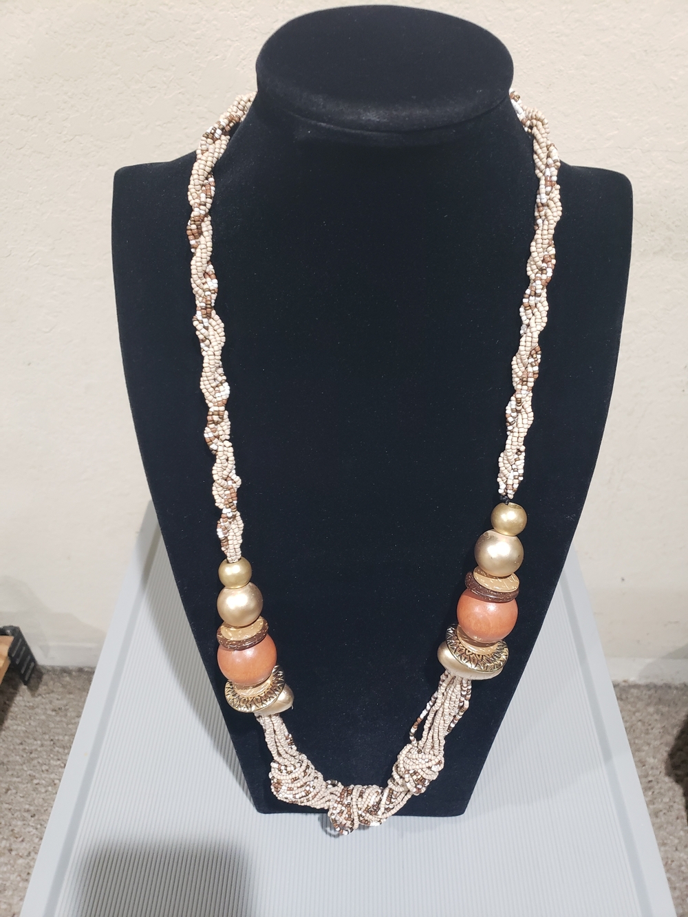 Beaded Twist Necklace with Gold and Brown Accents